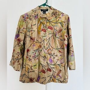 Citron Santa Monica Blouse Women’s Embroidered Floral Linen Silk Blend Size XS